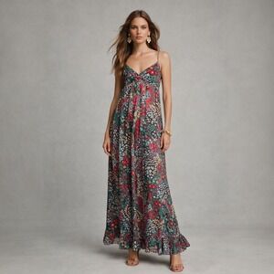 Derek Heart Floral Cotton Maxi Dress L Red Blue Boho Cottagecore Empire Waist